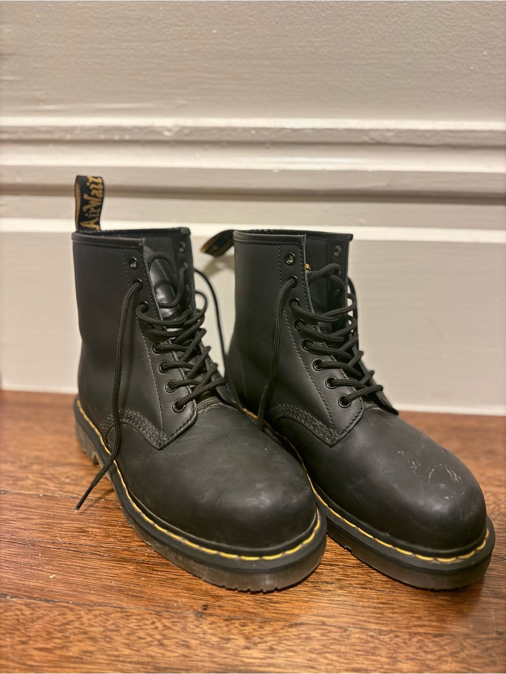 Dr. Martens Black 8-Eye Lace-Up Leather Boots with Yellow Stitching
